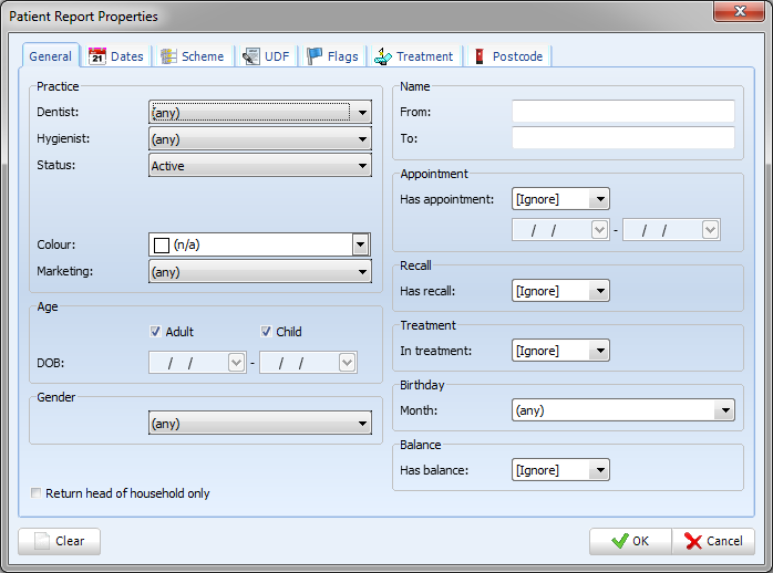 SFD Patients Report Properites Screen